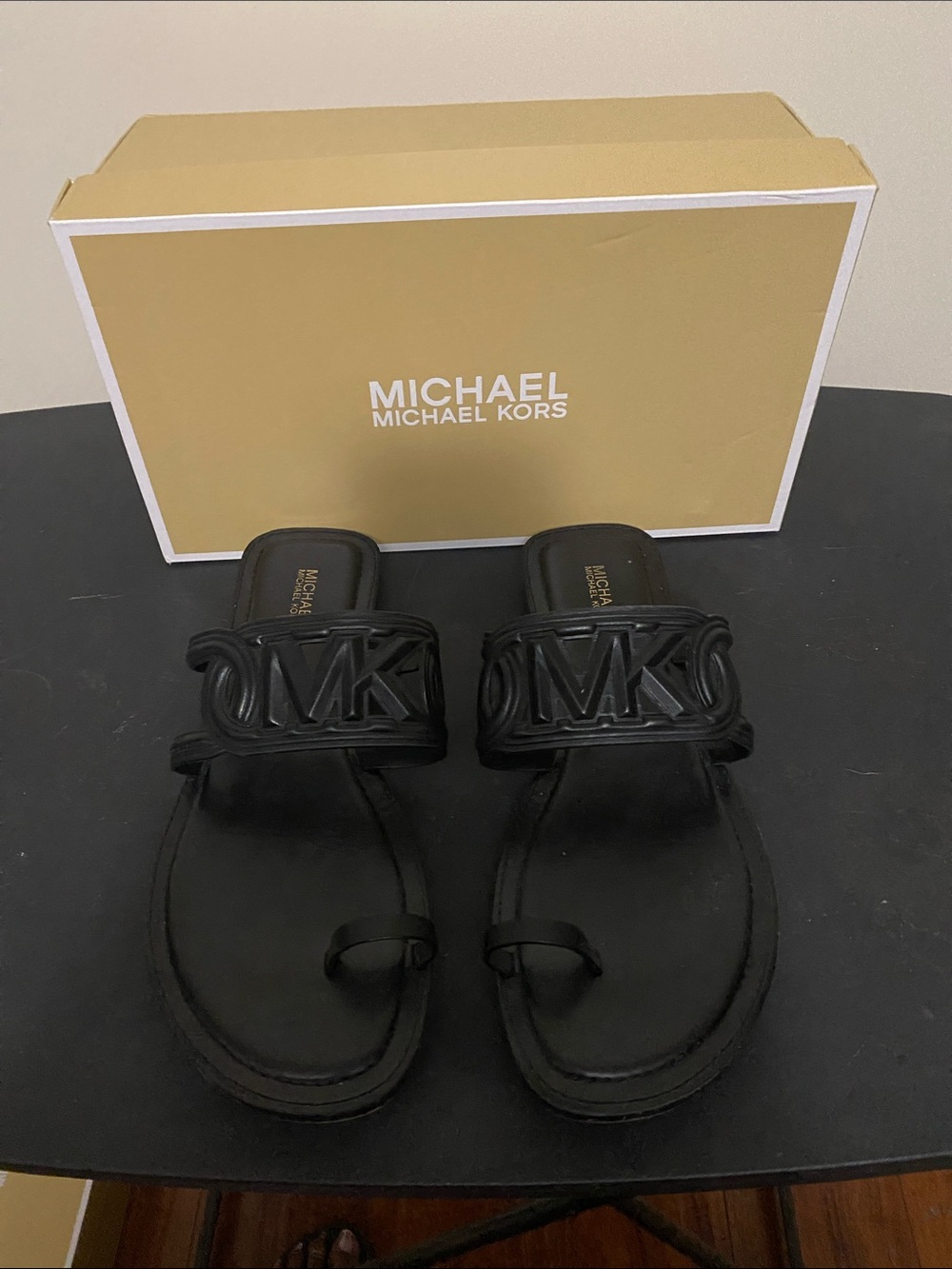 Michael Kors Black MK Logo Toe-Loop Leather Sandals